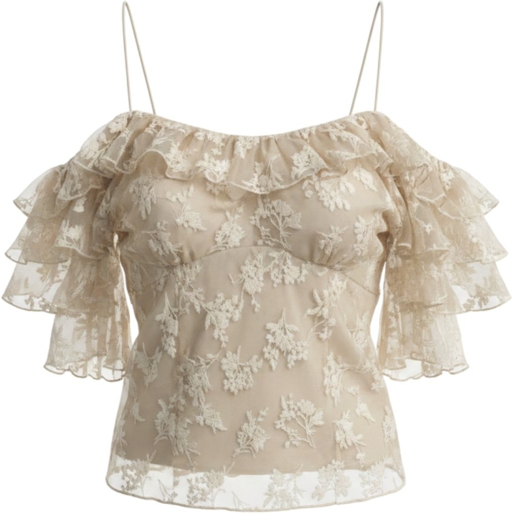 Tulle‎ Ruffle Top Cream Floral Off Shoulder NWT Fairy Boho Romantic xs